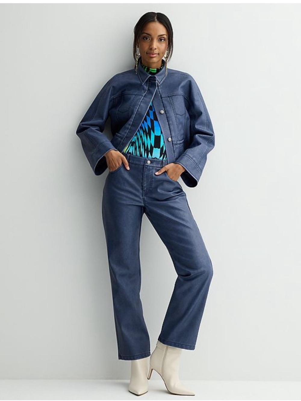 NWT Intempo dusty blue high rise denim faux leather pant size 6